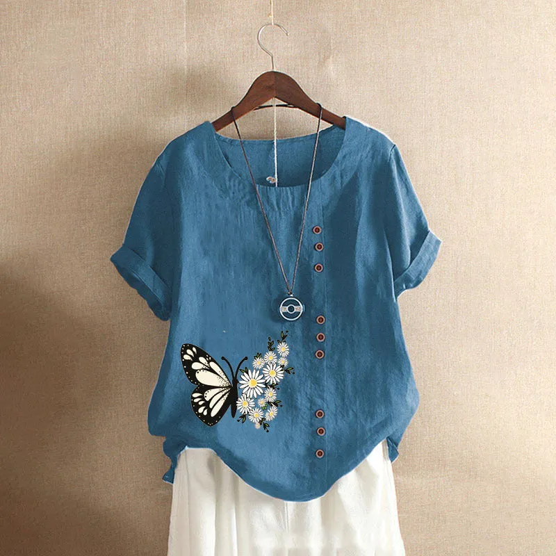 Butterfly Print Solid Color Short Sleeve Blouse