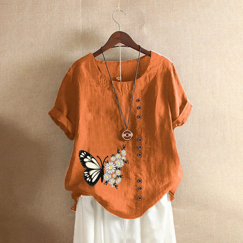 Butterfly Print Solid Color Short Sleeve Blouse