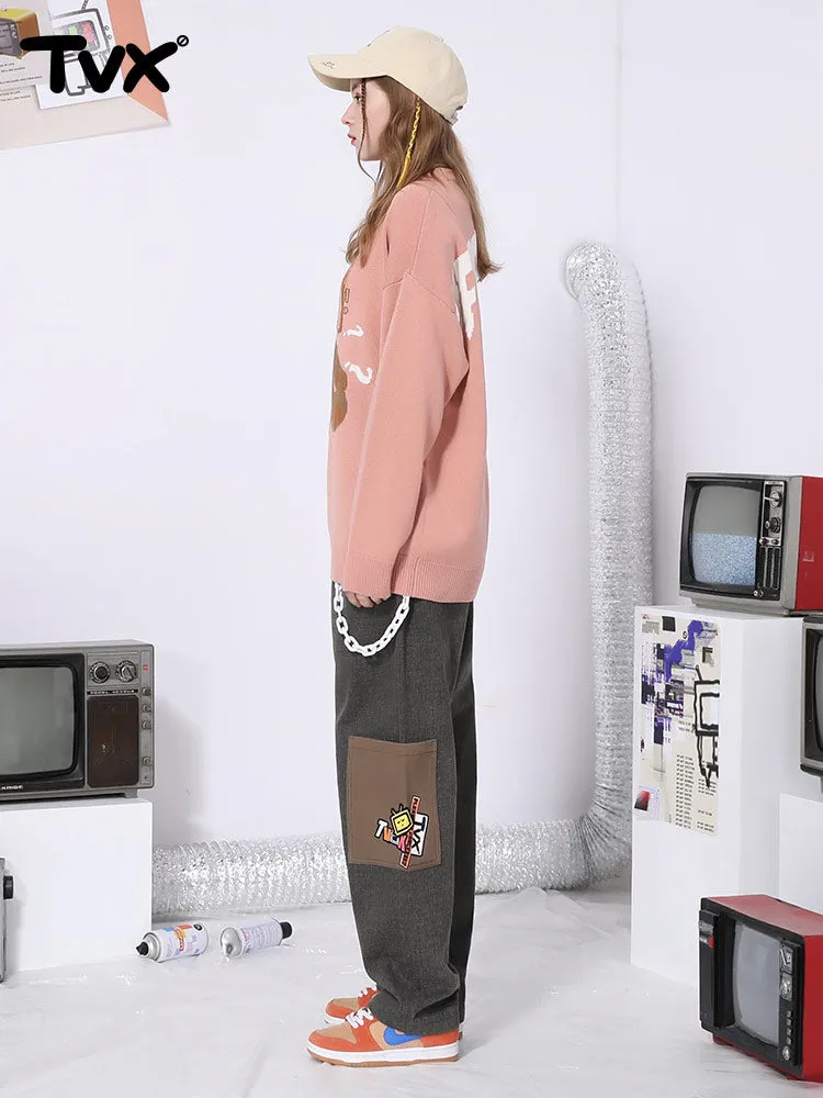 Cartoon embroidered logo color pocket elastic waist loose straight leg cotton casual pants