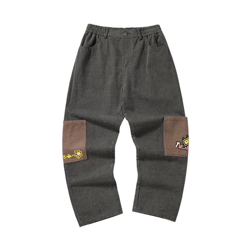 Cartoon embroidered logo color pocket elastic waist loose straight leg cotton casual pants