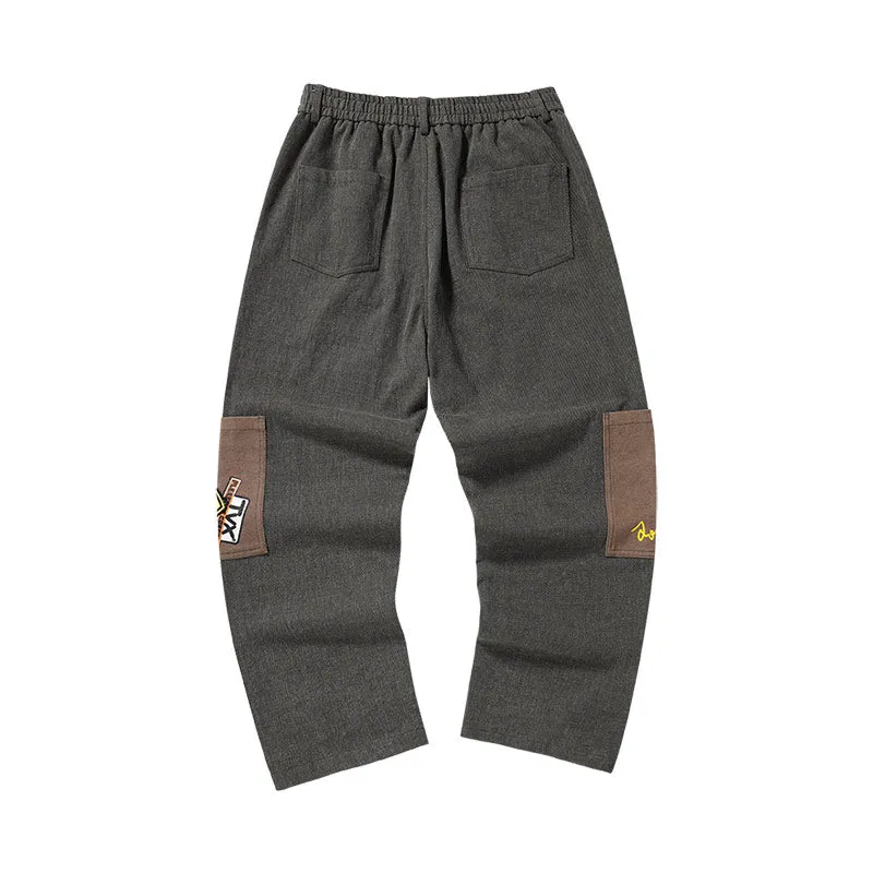 Cartoon embroidered logo color pocket elastic waist loose straight leg cotton casual pants