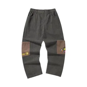 Cartoon embroidered logo color pocket elastic waist loose straight leg cotton casual pants