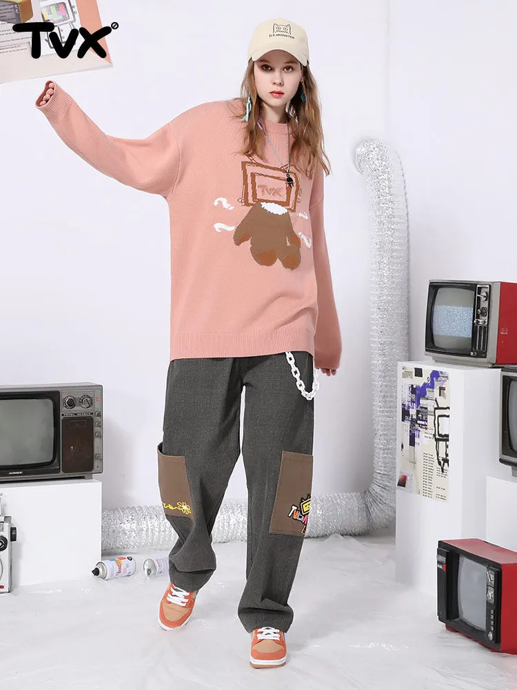 Cartoon embroidered logo color pocket elastic waist loose straight leg cotton casual pants