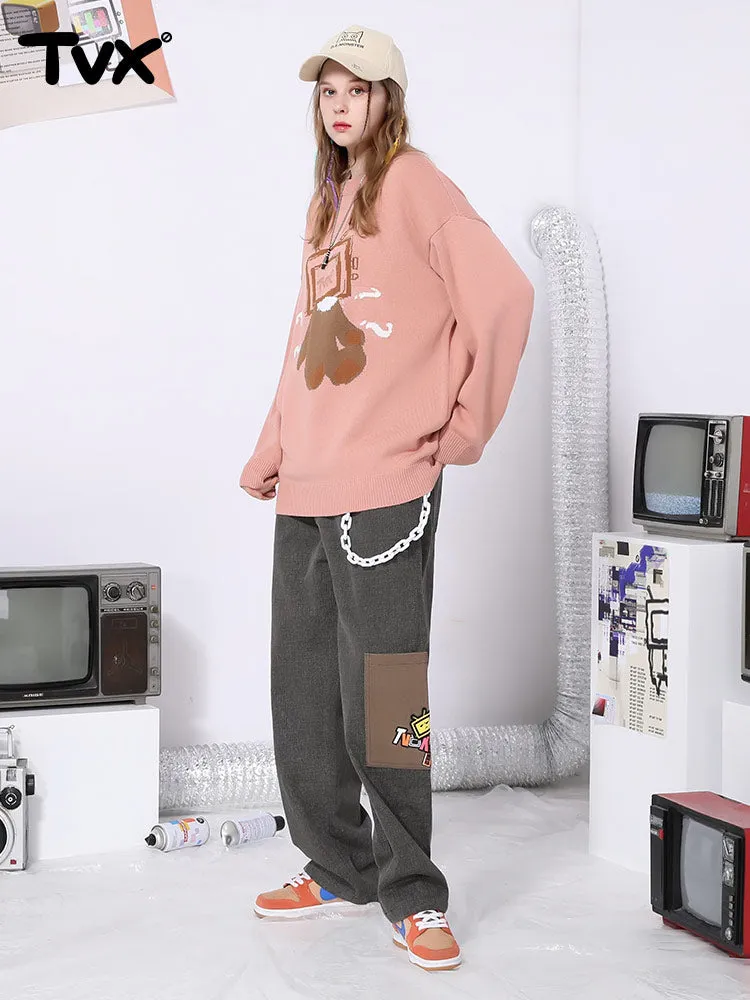Cartoon embroidered logo color pocket elastic waist loose straight leg cotton casual pants