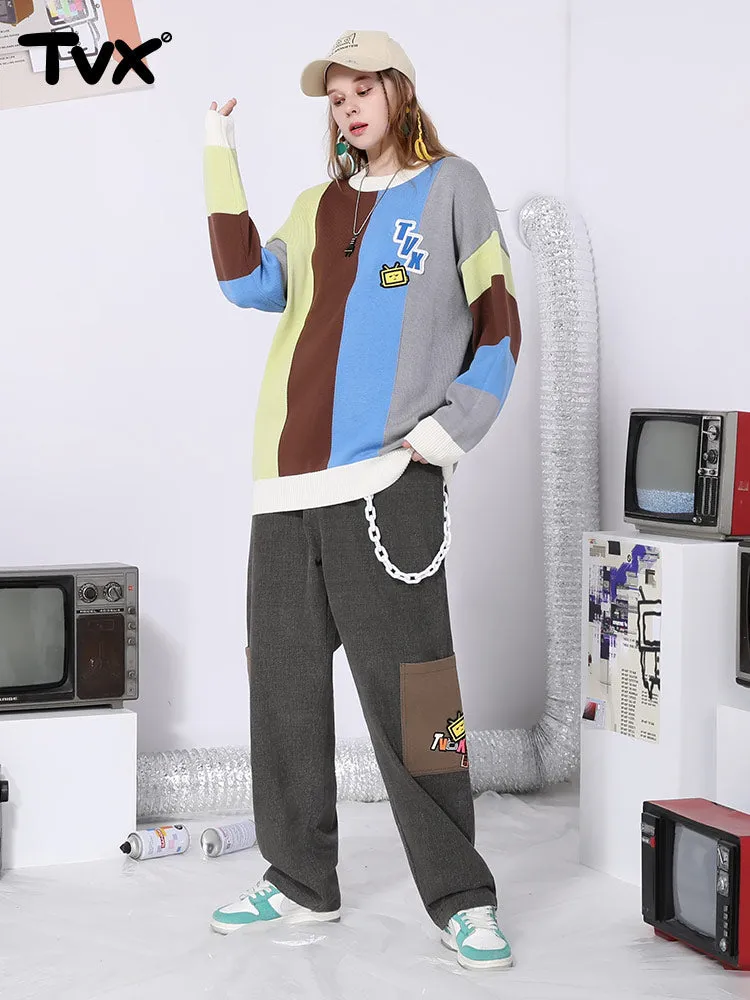 Cartoon embroidered logo color pocket elastic waist loose straight leg cotton casual pants