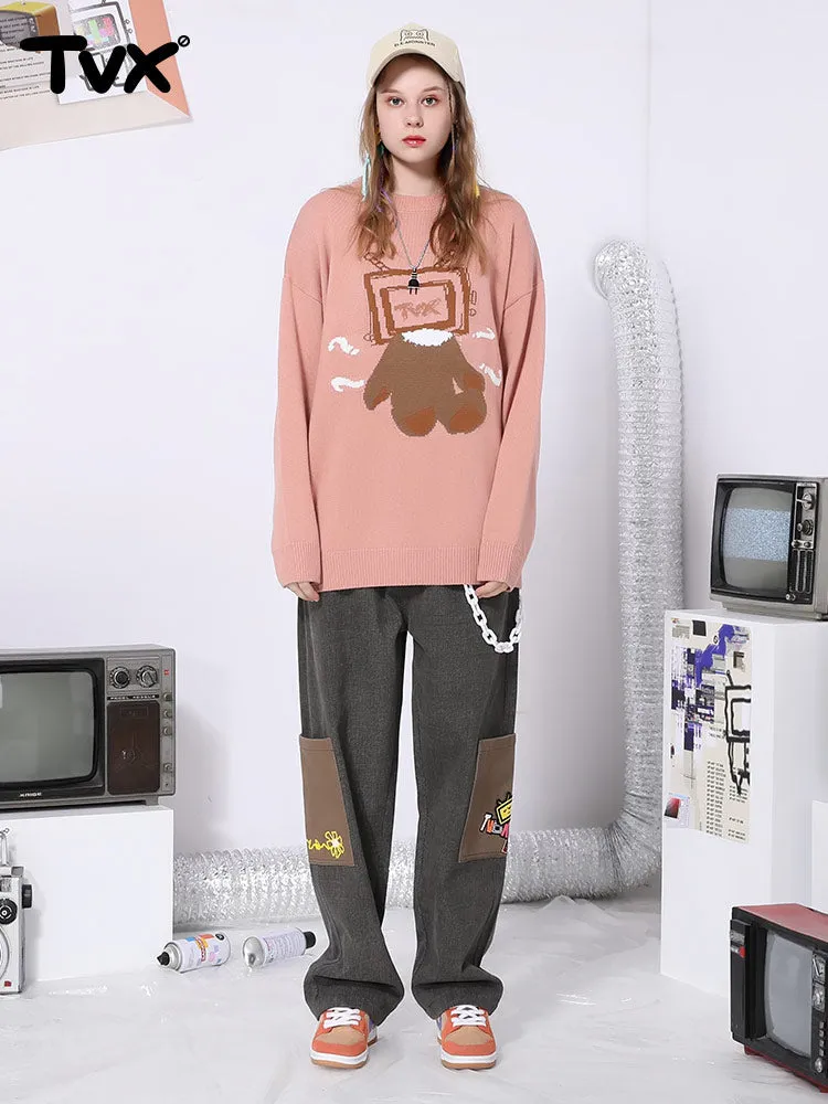 Cartoon embroidered logo color pocket elastic waist loose straight leg cotton casual pants