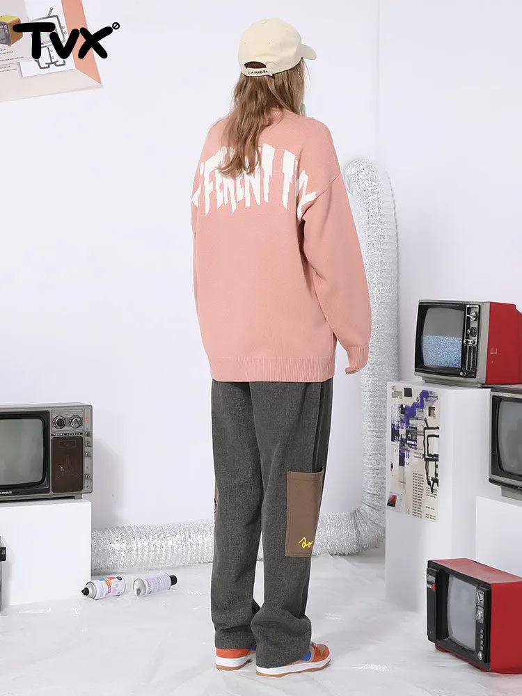 Cartoon embroidered logo color pocket elastic waist loose straight leg cotton casual pants