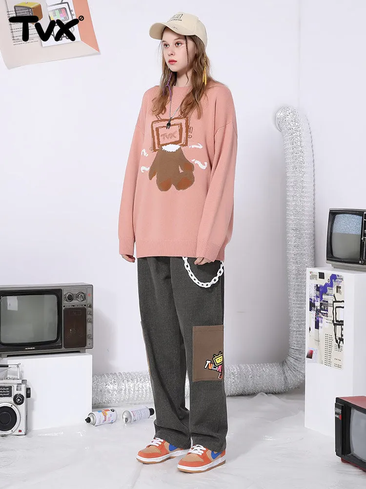 Cartoon embroidered logo color pocket elastic waist loose straight leg cotton casual pants