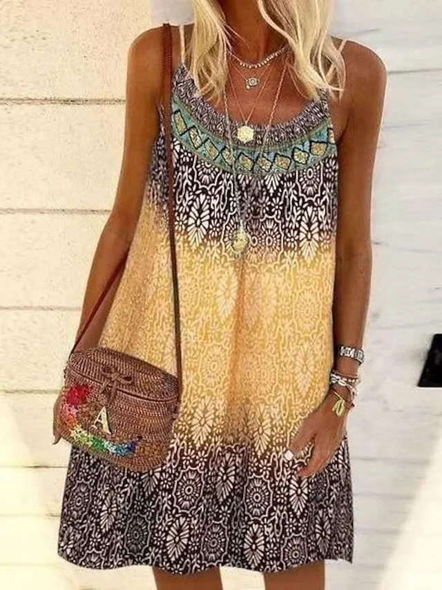 Casual Dress Chiffon Dress Sundress Mini Dress Yellow Pink Blue Sleeveless Geometric Print Summer Spring Cold Shoulder Basic  S M L XL 2XL 3XL 4XL 5XL for Women