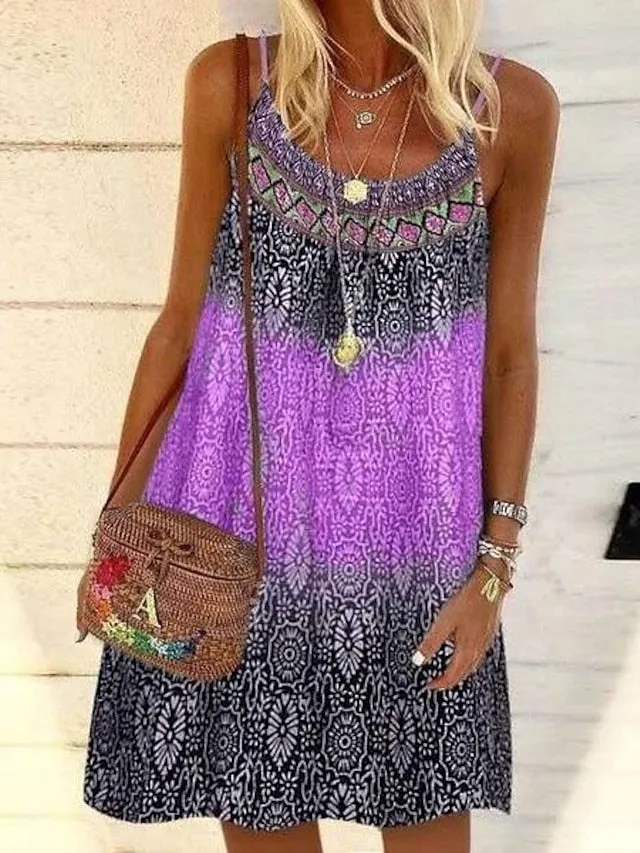 Casual Dress Chiffon Dress Sundress Mini Dress Yellow Pink Blue Sleeveless Geometric Print Summer Spring Cold Shoulder Basic  S M L XL 2XL 3XL 4XL 5XL for Women