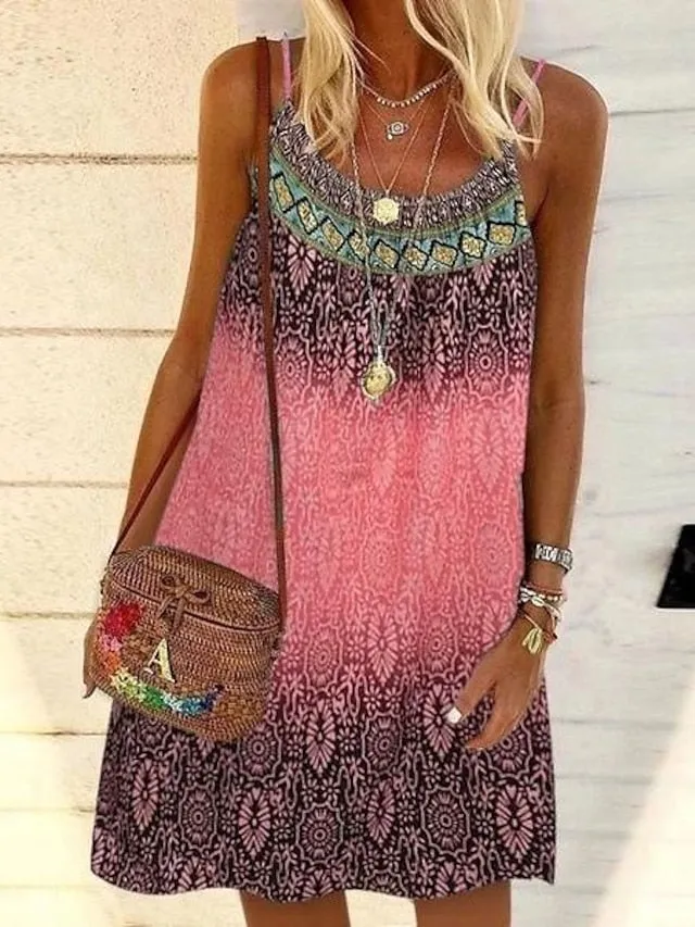 Casual Dress Chiffon Dress Sundress Mini Dress Yellow Pink Blue Sleeveless Geometric Print Summer Spring Cold Shoulder Basic  S M L XL 2XL 3XL 4XL 5XL for Women