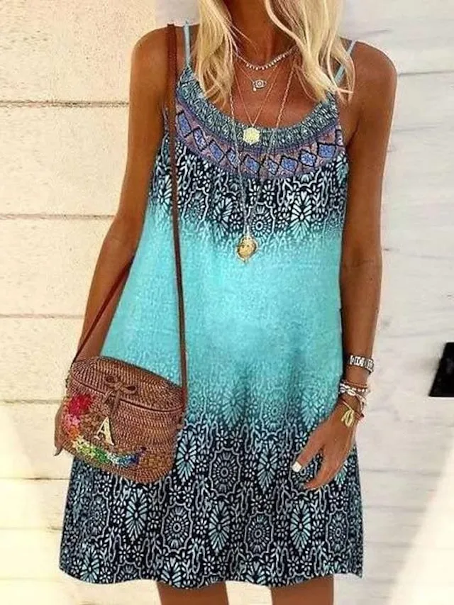Casual Dress Chiffon Dress Sundress Mini Dress Yellow Pink Blue Sleeveless Geometric Print Summer Spring Cold Shoulder Basic  S M L XL 2XL 3XL 4XL 5XL for Women
