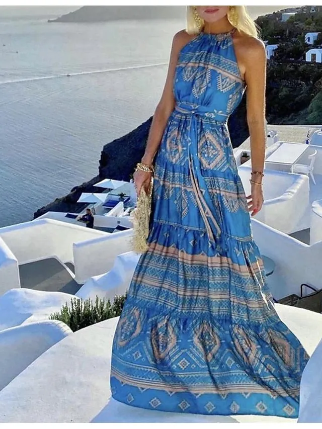Casual Dress Swing Dress Boho Dress Long Dress Maxi Dress Blue Sleeveless Geometric Print Spring Summer Crew Neck Modern Loose Fit  S M L XL XXL for Women
