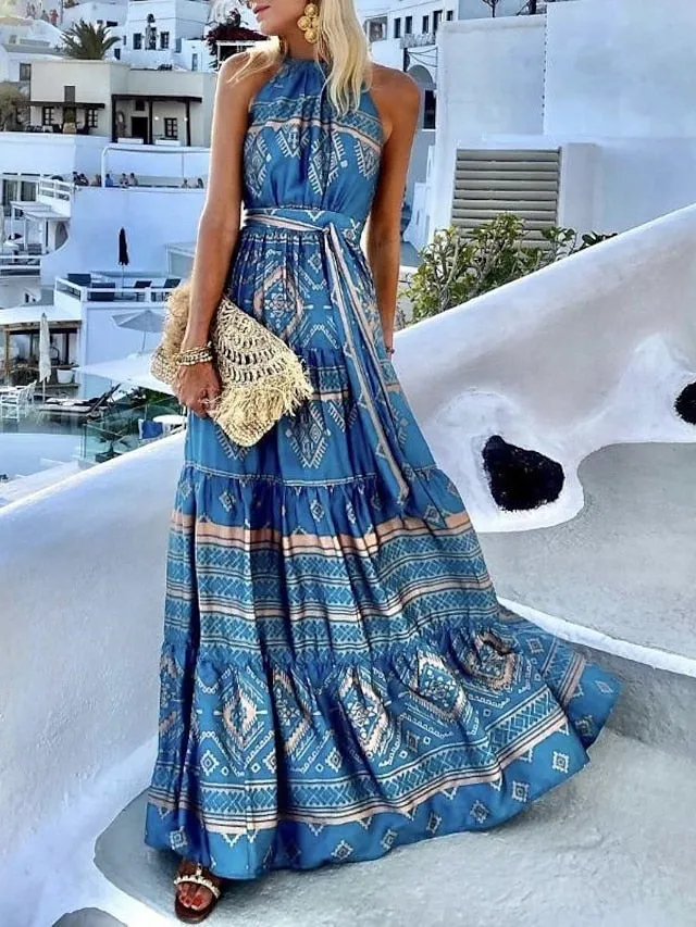 Casual Dress Swing Dress Boho Dress Long Dress Maxi Dress Blue Sleeveless Geometric Print Spring Summer Crew Neck Modern Loose Fit  S M L XL XXL for Women