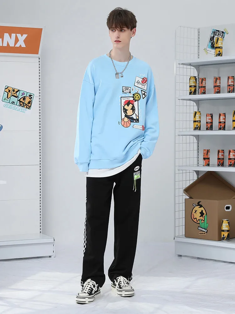 Color-contrast checkerboard printed label elastic rope leg cotton casual pants