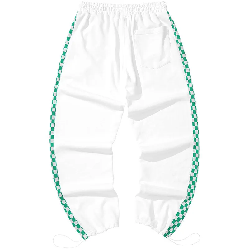 Color-contrast checkerboard printed label elastic rope leg cotton casual pants