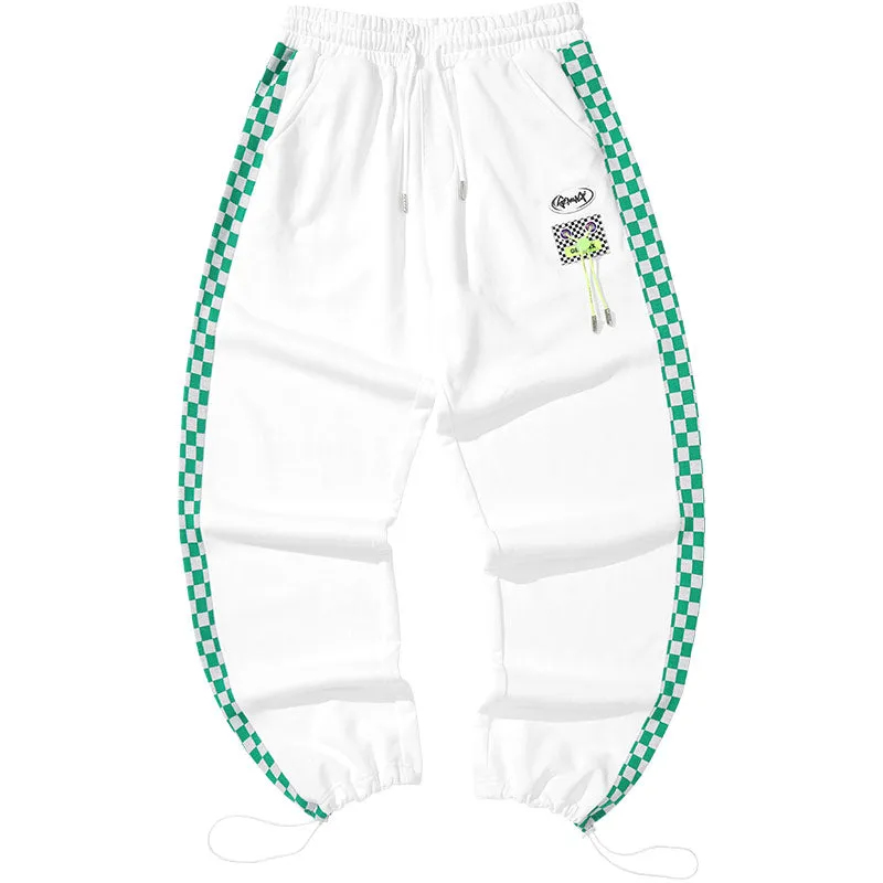 Color-contrast checkerboard printed label elastic rope leg cotton casual pants