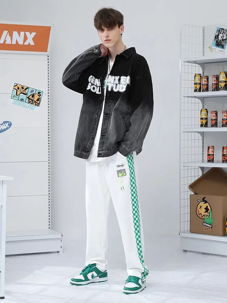 Color-contrast checkerboard printed label elastic rope leg cotton casual pants