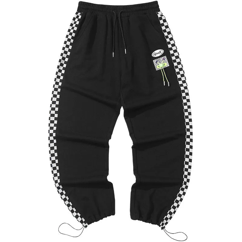 Color-contrast checkerboard printed label elastic rope leg cotton casual pants