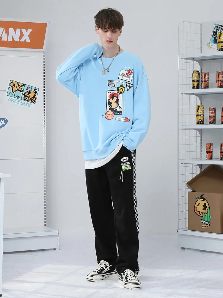 Color-contrast checkerboard printed label elastic rope leg cotton casual pants