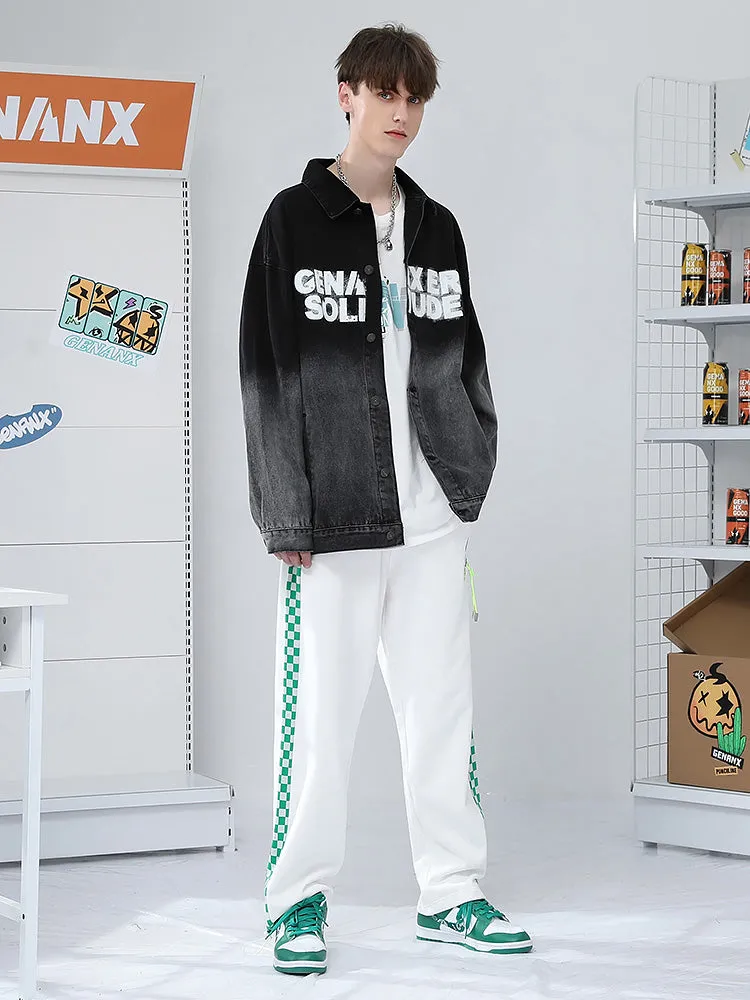 Color-contrast checkerboard printed label elastic rope leg cotton casual pants