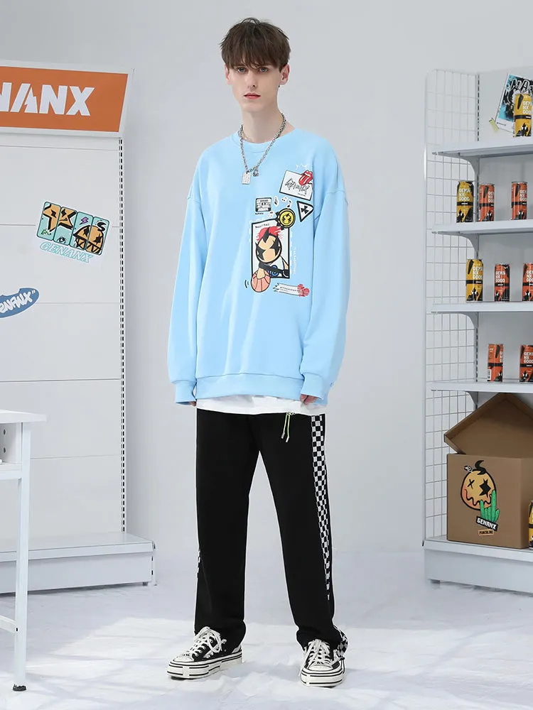 Color-contrast checkerboard printed label elastic rope leg cotton casual pants