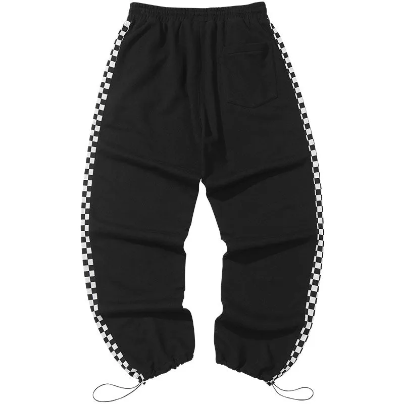 Color-contrast checkerboard printed label elastic rope leg cotton casual pants