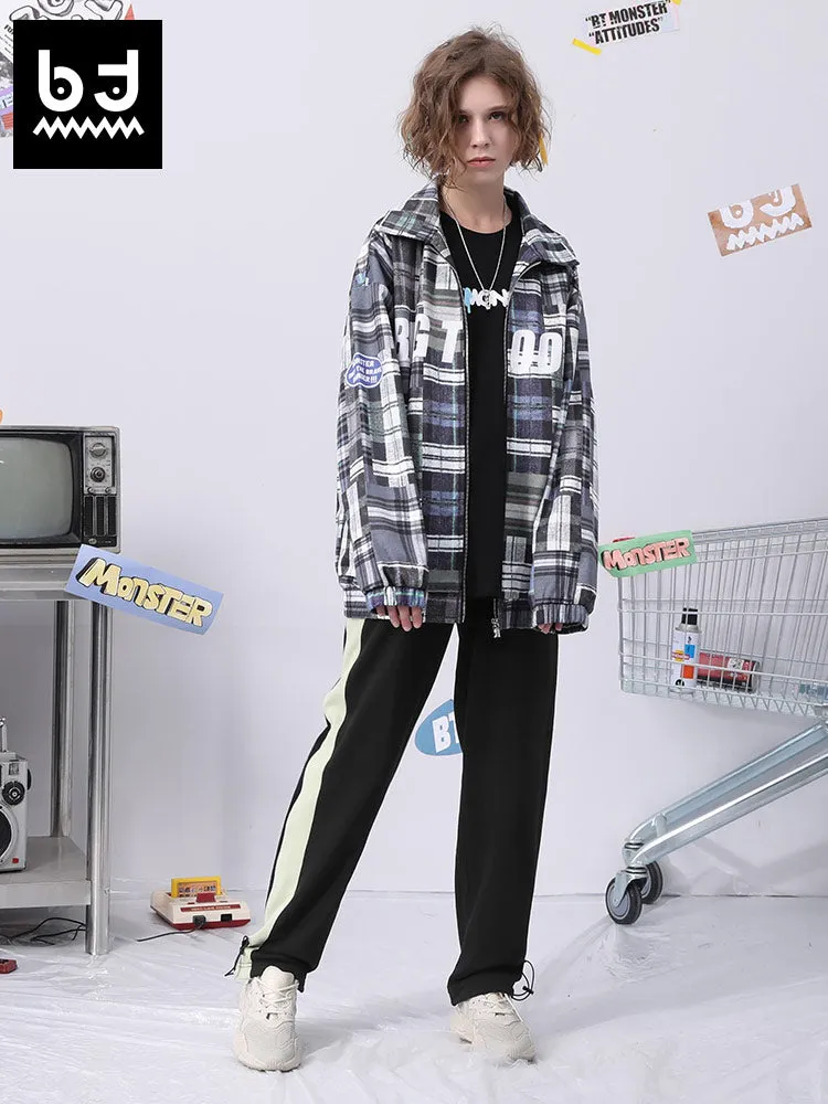Color contrast patchwork letter label elastic rope leg cotton casual pants