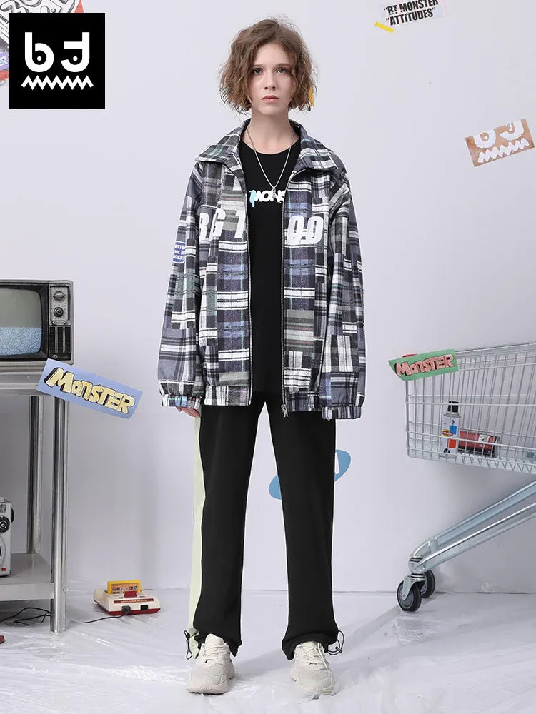 Color contrast patchwork letter label elastic rope leg cotton casual pants