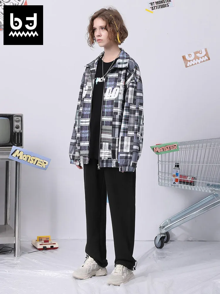 Color contrast patchwork letter label elastic rope leg cotton casual pants