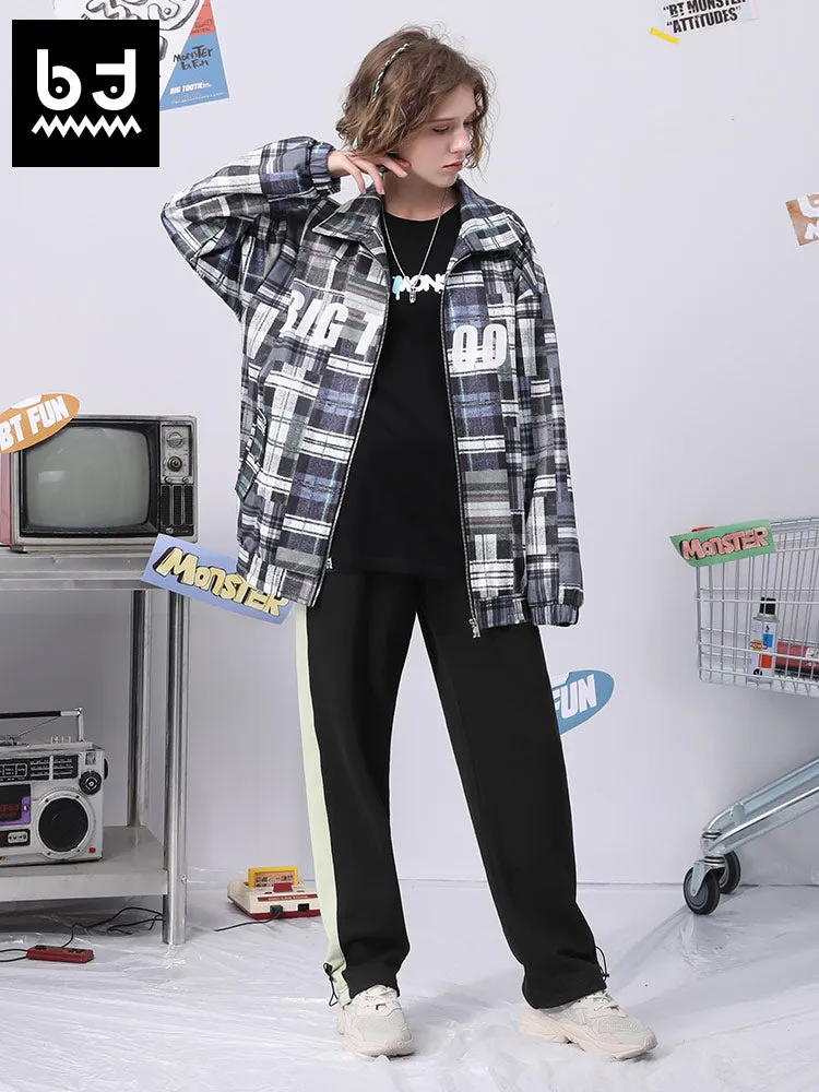 Color contrast patchwork letter label elastic rope leg cotton casual pants