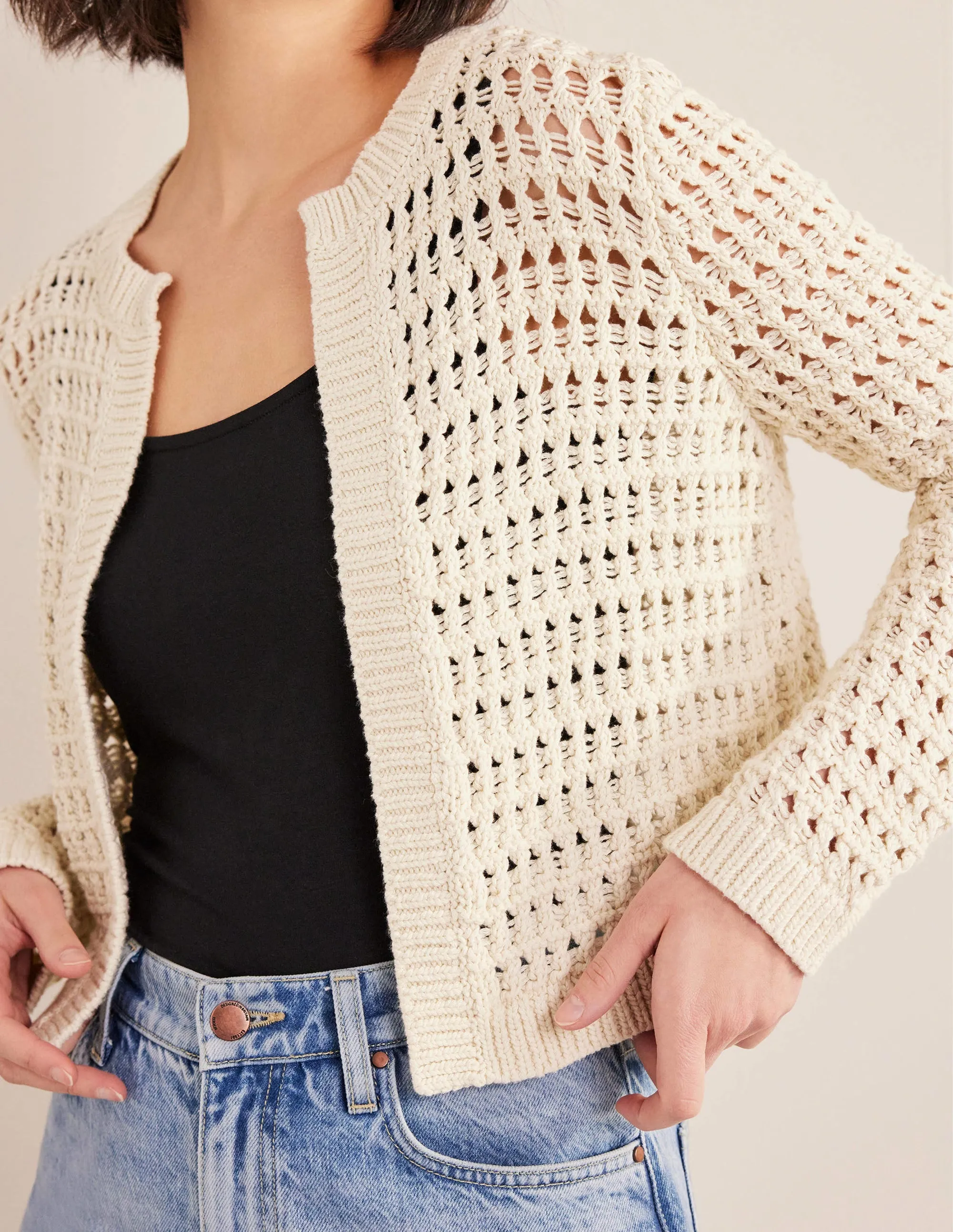 Cropped Crochet Cardigan-Warm Ivory