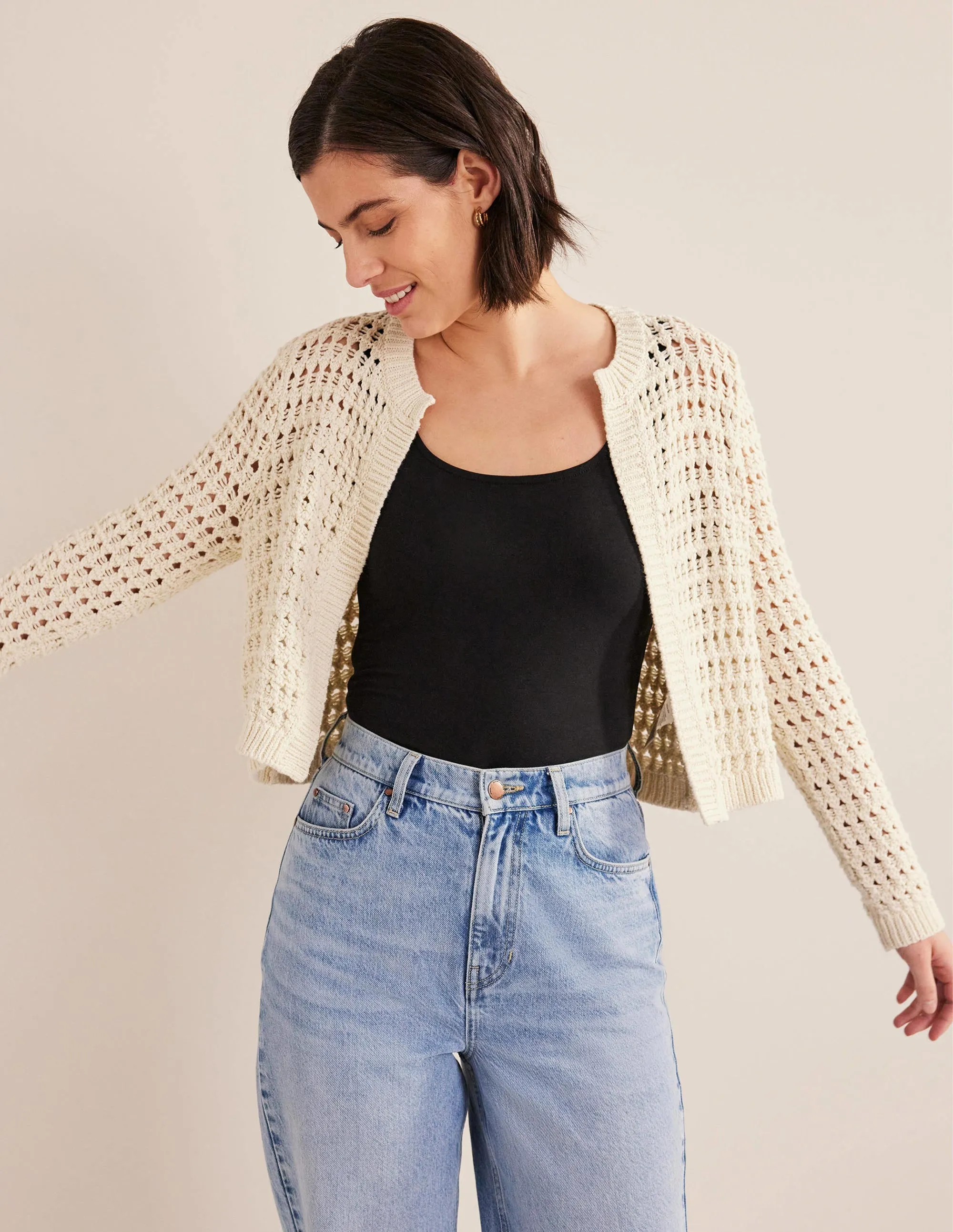 Cropped Crochet Cardigan-Warm Ivory