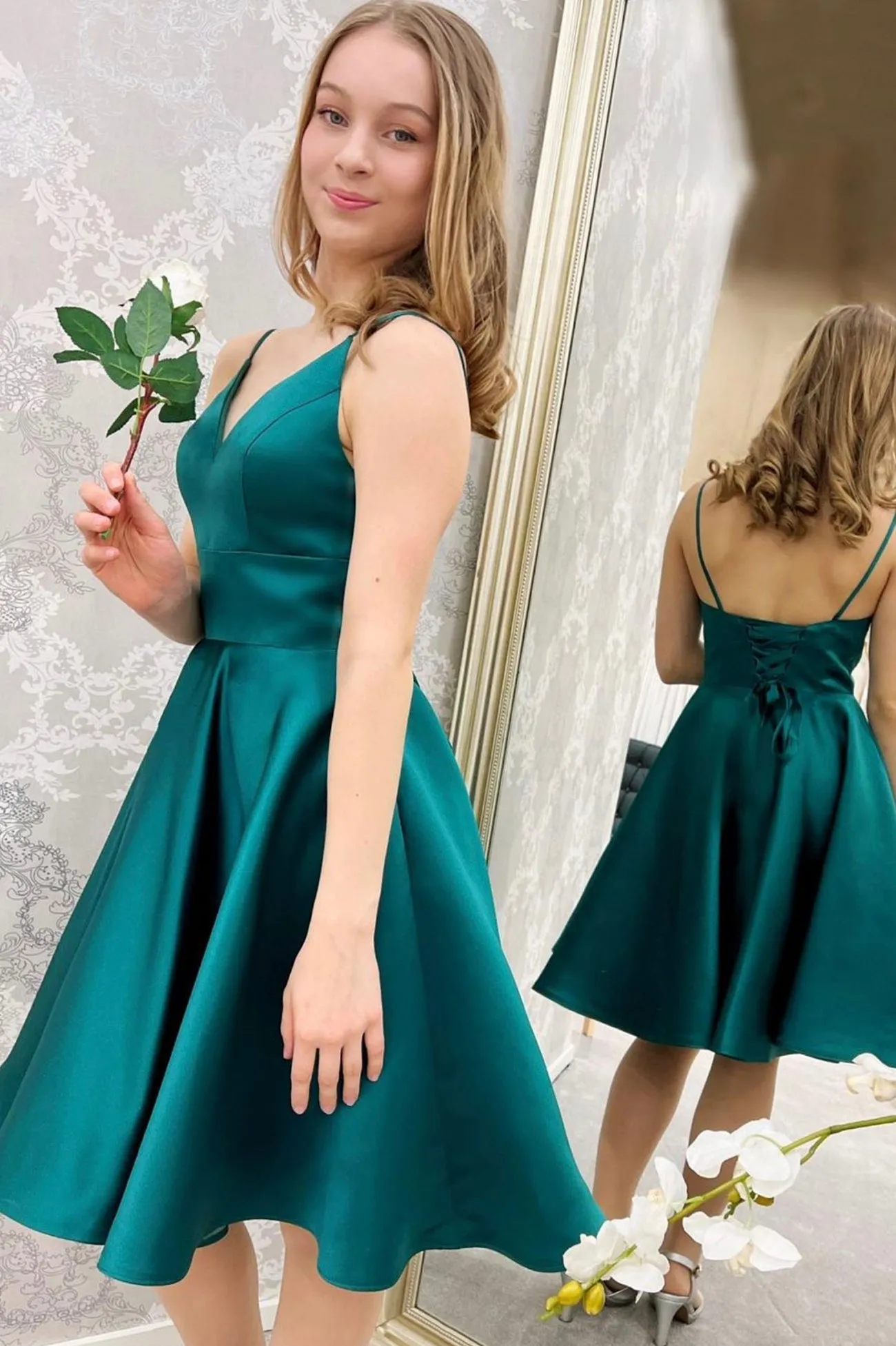Cute V-Neck Satin Short Prom Dress, Green Knee Length Party Dress