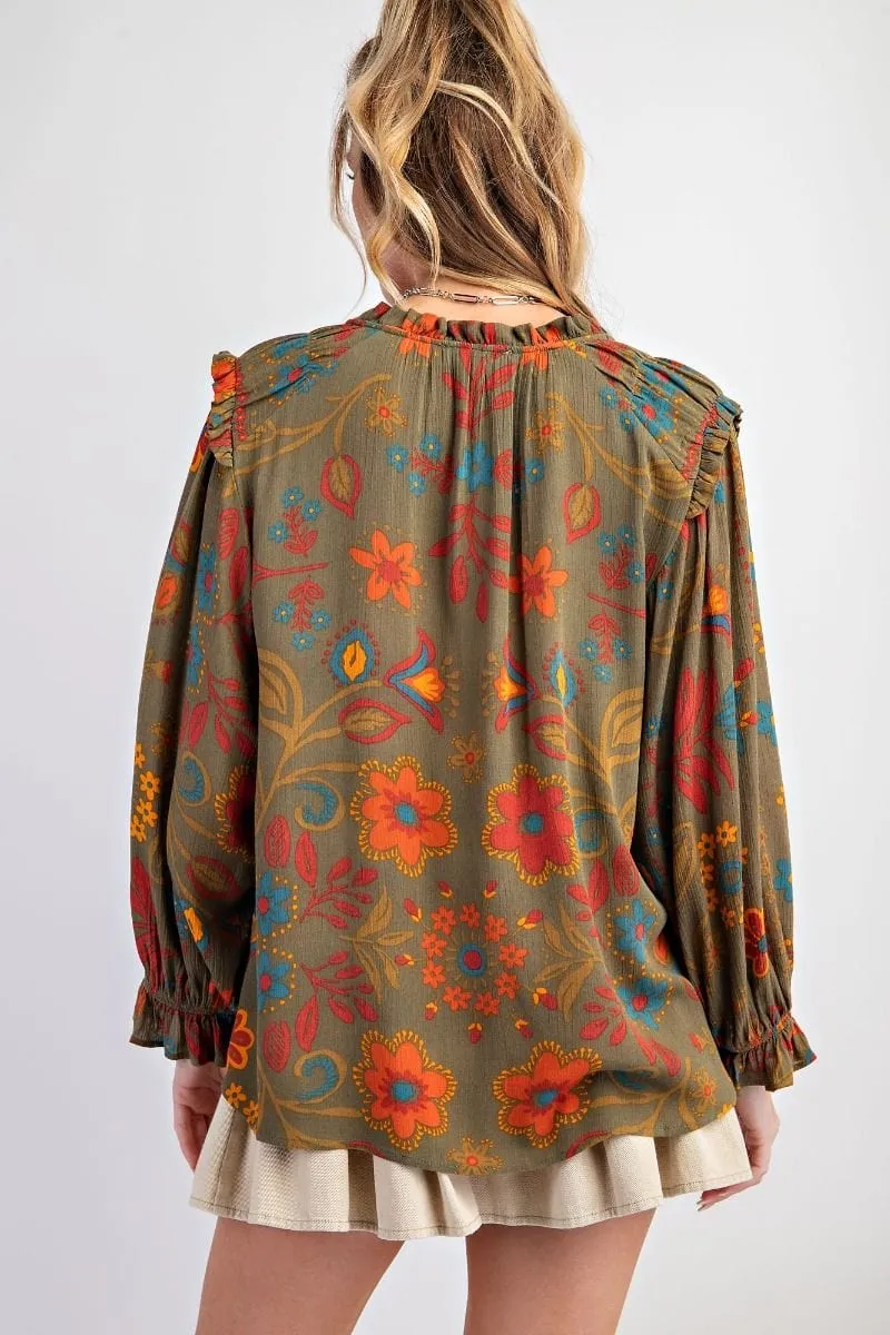 Easel Floral Printed Woven Gauze Blouse with Self Tie Split Neck