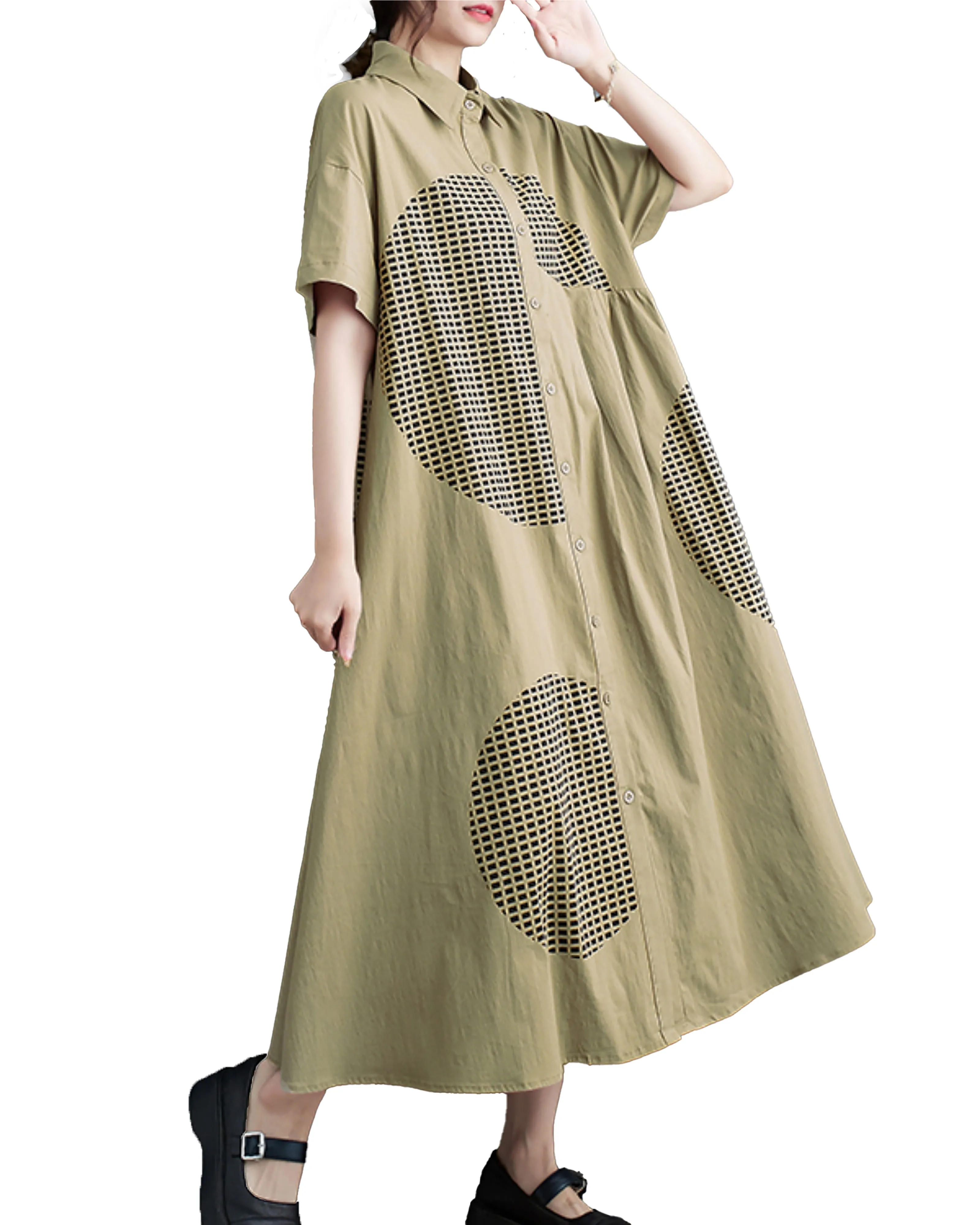 ellazhu Women's Short Sleeves Button Down Patchwork Pattern Print Shirt Dress GZ151
