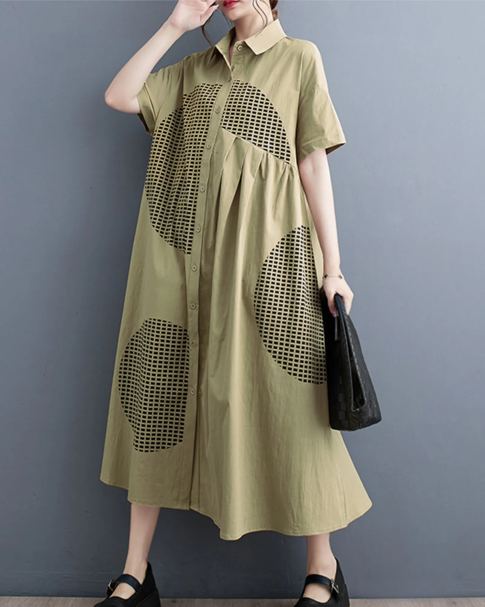 ellazhu Women's Short Sleeves Button Down Patchwork Pattern Print Shirt Dress GZ151