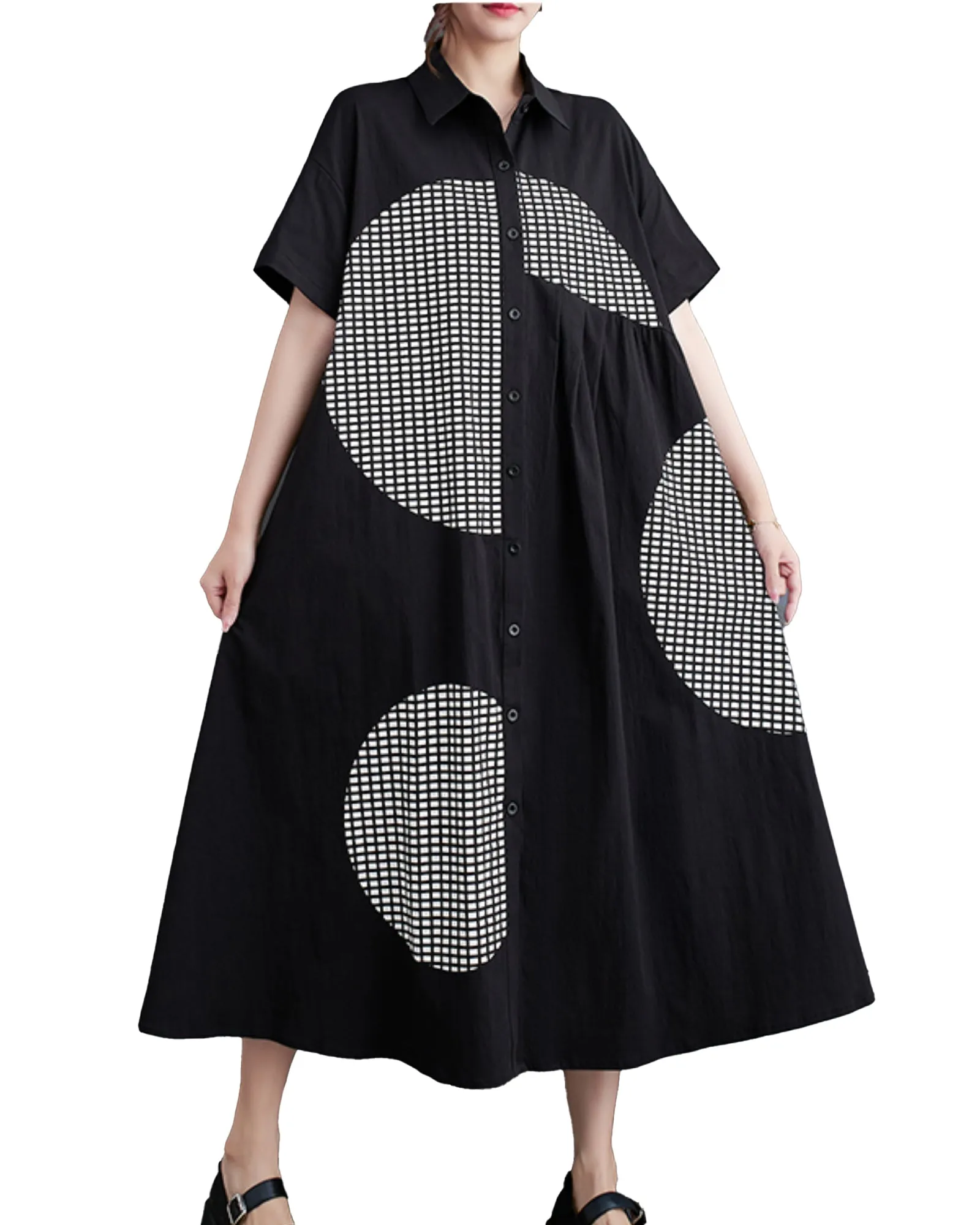 ellazhu Women's Short Sleeves Button Down Patchwork Pattern Print Shirt Dress GZ151