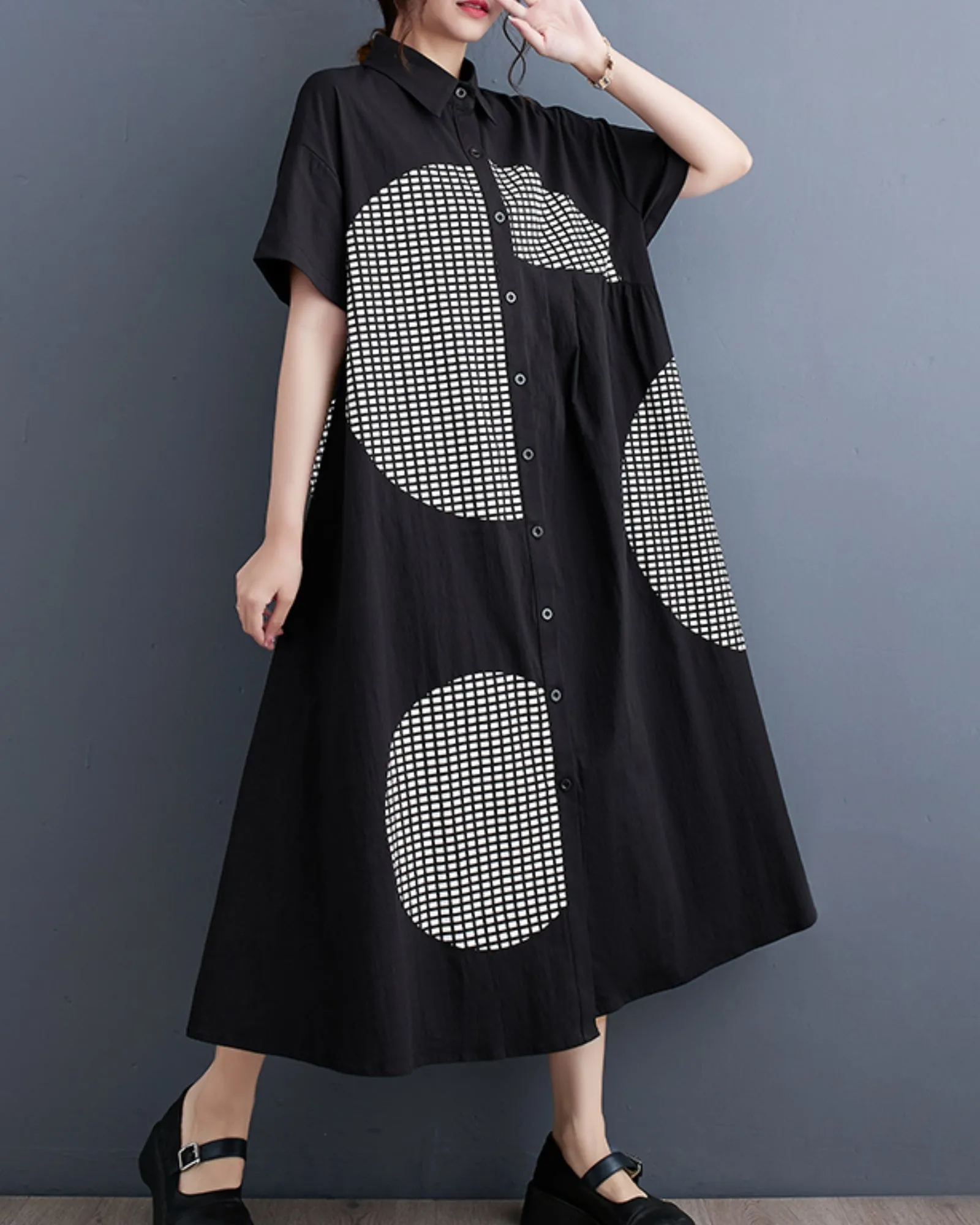 ellazhu Women's Short Sleeves Button Down Patchwork Pattern Print Shirt Dress GZ151