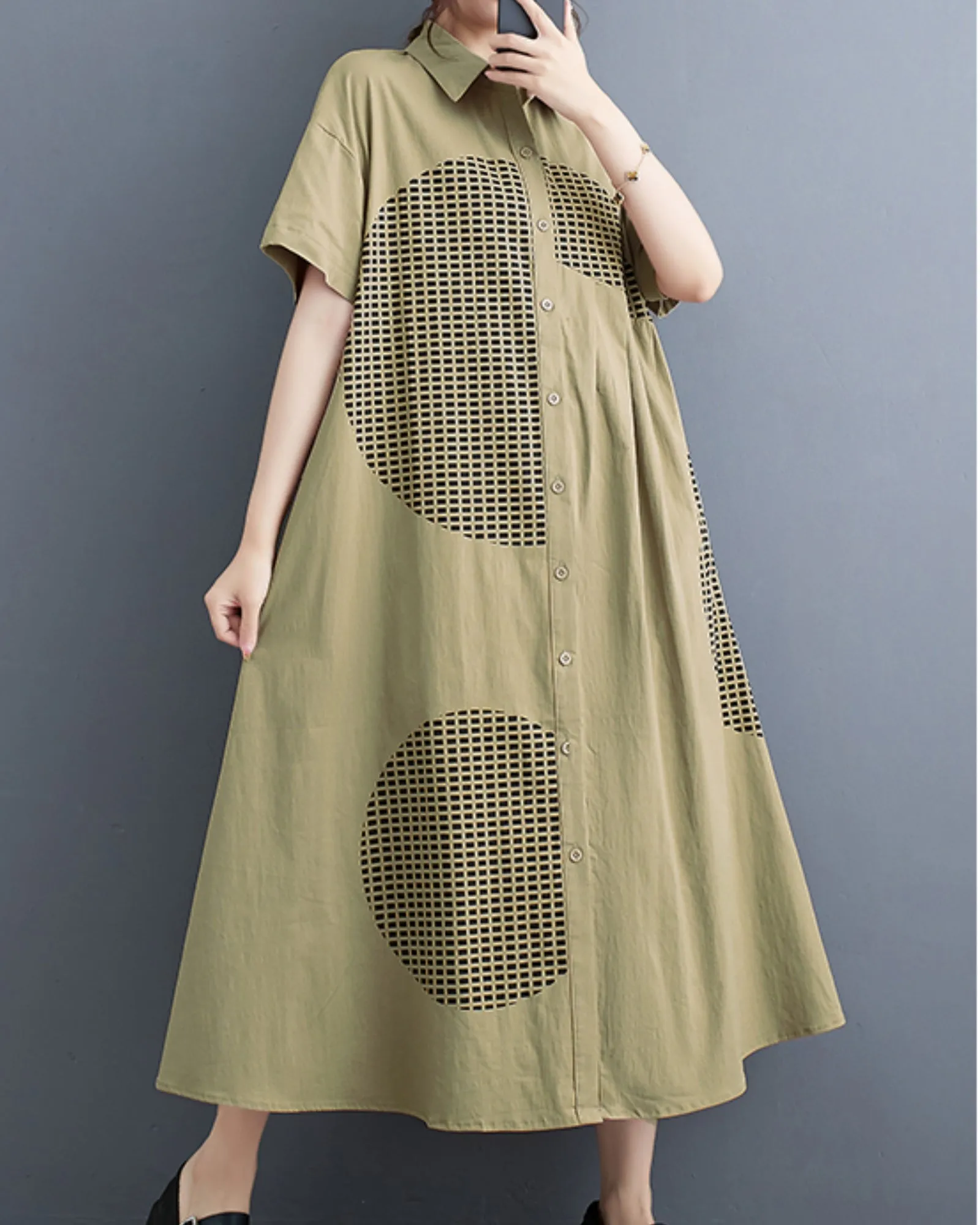 ellazhu Women's Short Sleeves Button Down Patchwork Pattern Print Shirt Dress GZ151