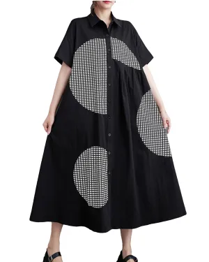 ellazhu Women's Short Sleeves Button Down Patchwork Pattern Print Shirt Dress GZ151