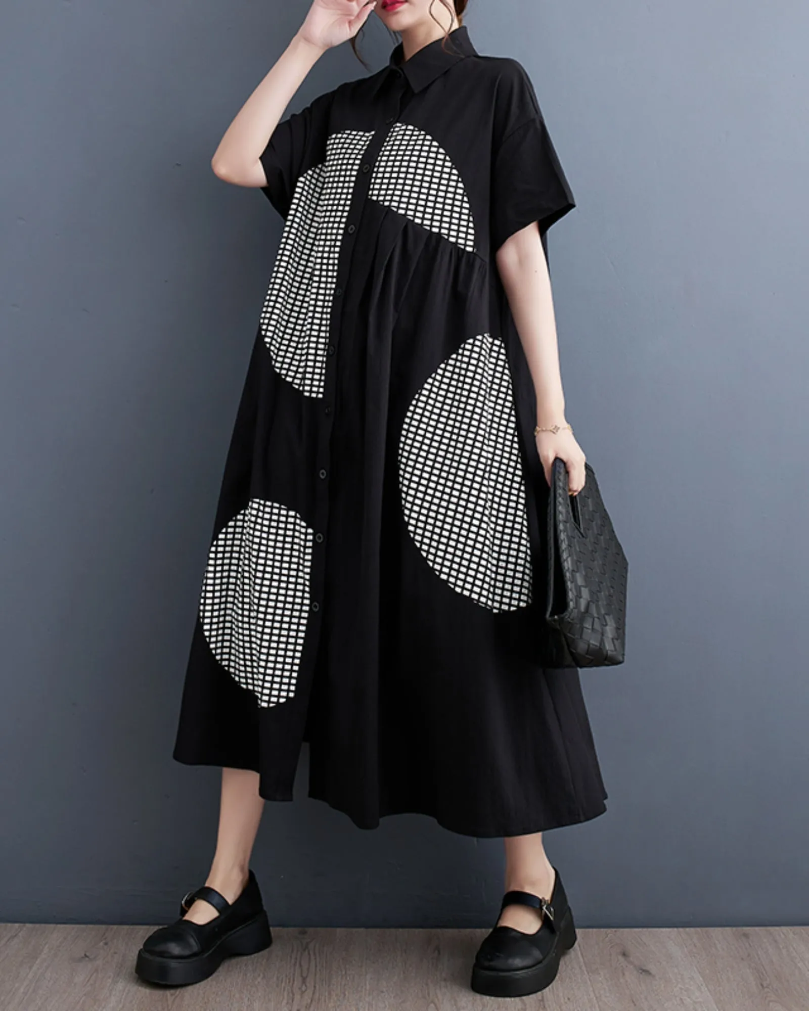 ellazhu Women's Short Sleeves Button Down Patchwork Pattern Print Shirt Dress GZ151
