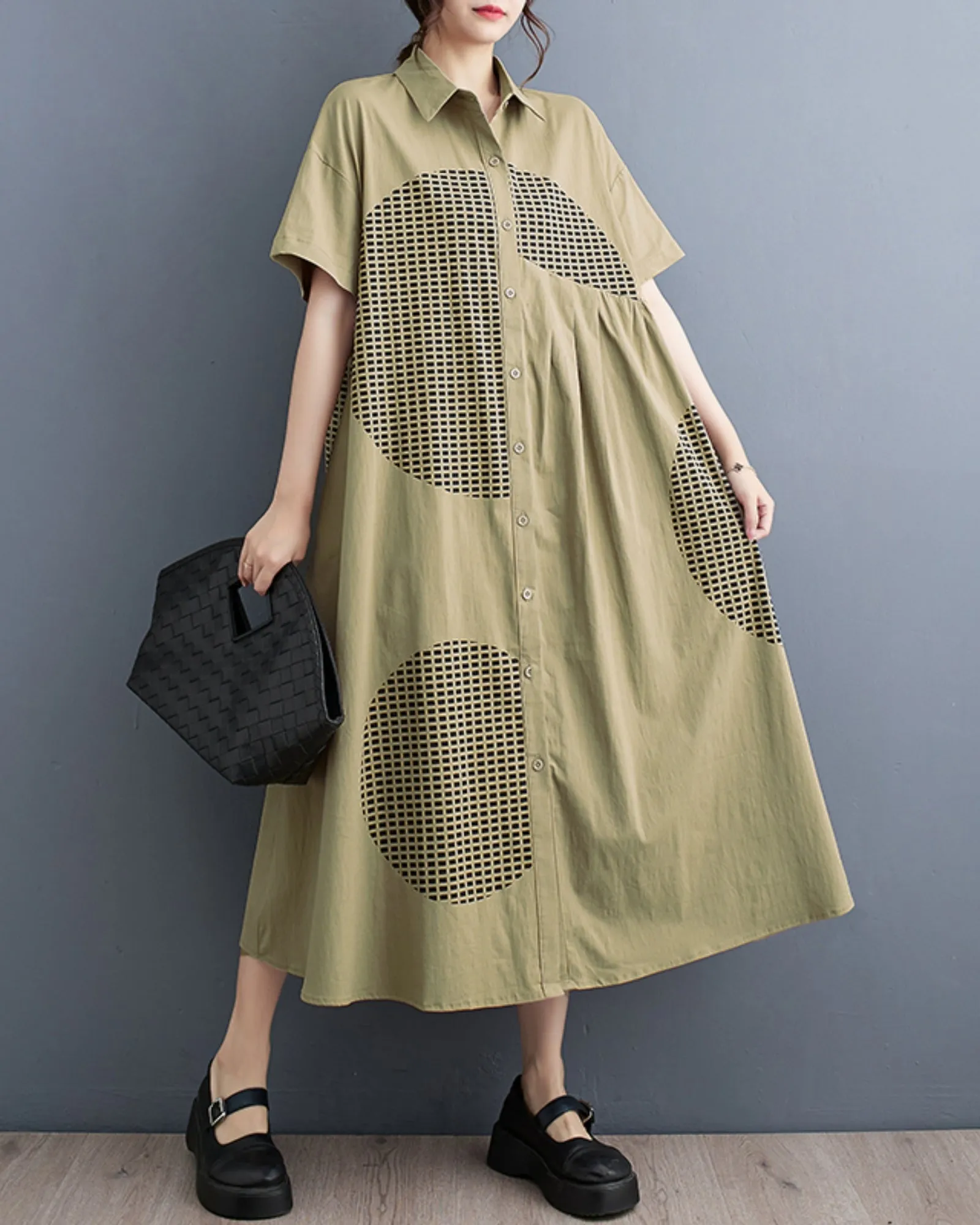 ellazhu Women's Short Sleeves Button Down Patchwork Pattern Print Shirt Dress GZ151