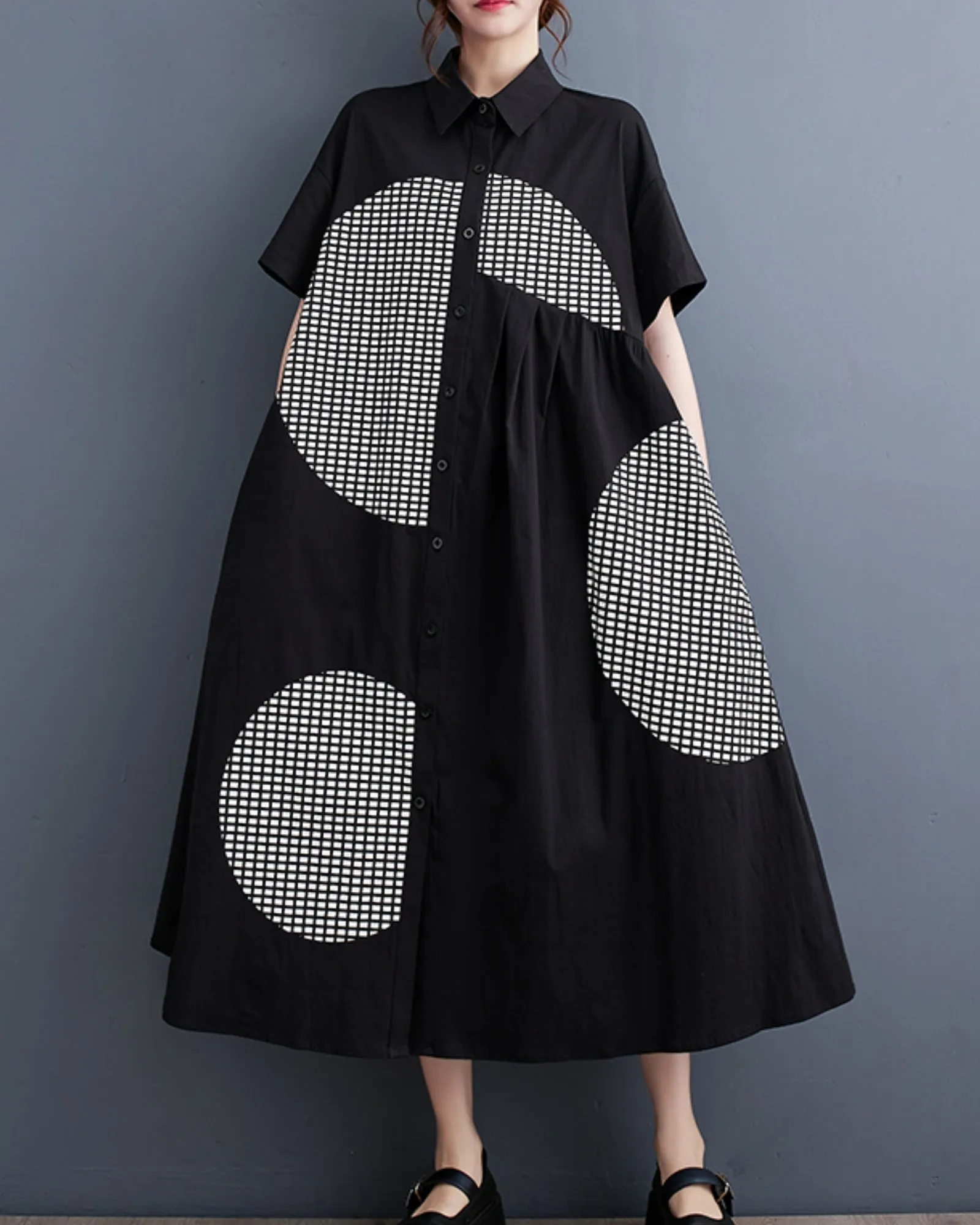 ellazhu Women's Short Sleeves Button Down Patchwork Pattern Print Shirt Dress GZ151