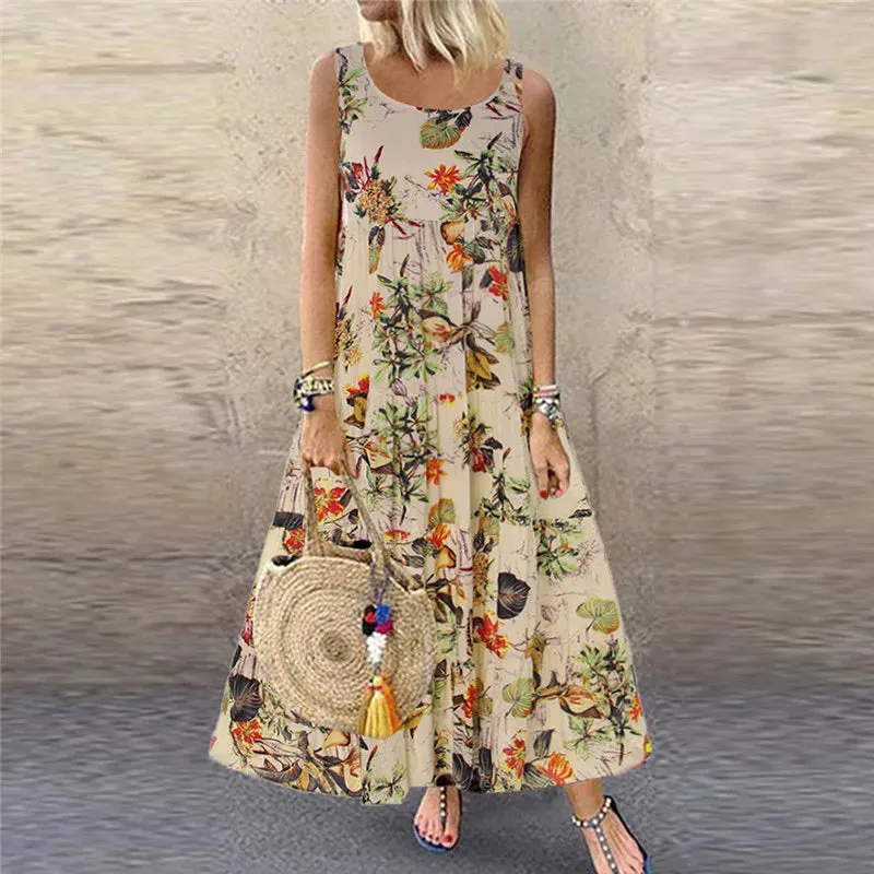 Floral Sleeveless Round Neck Boho Sundress (4XL 5XL)