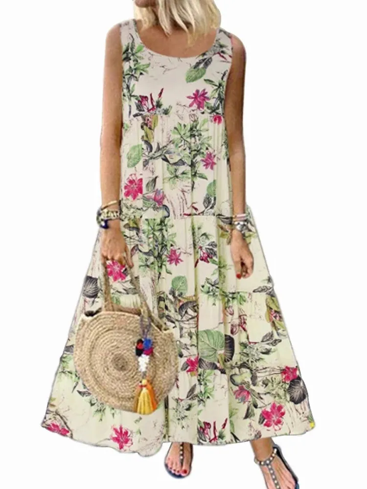 Floral Sleeveless Round Neck Boho Sundress (4XL 5XL)
