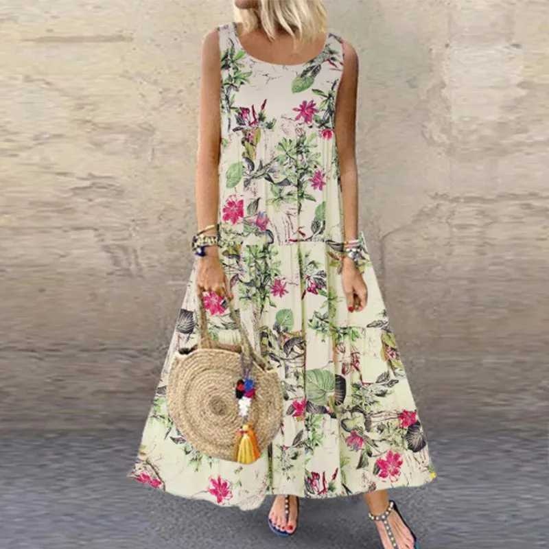 Floral Sleeveless Round Neck Boho Sundress (4XL 5XL)