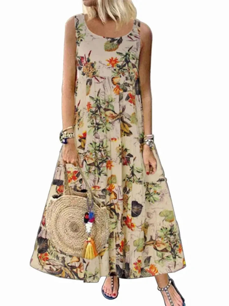 Floral Sleeveless Round Neck Boho Sundress (4XL 5XL)