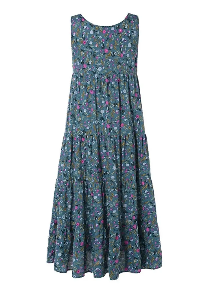 Floral Sleeveless Round Neck Boho Sundress (4XL 5XL)