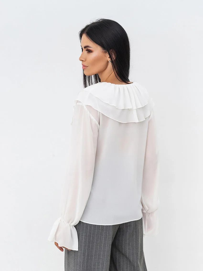 French Style White Chiffon V-Neck Tie Loose Women's Blouse